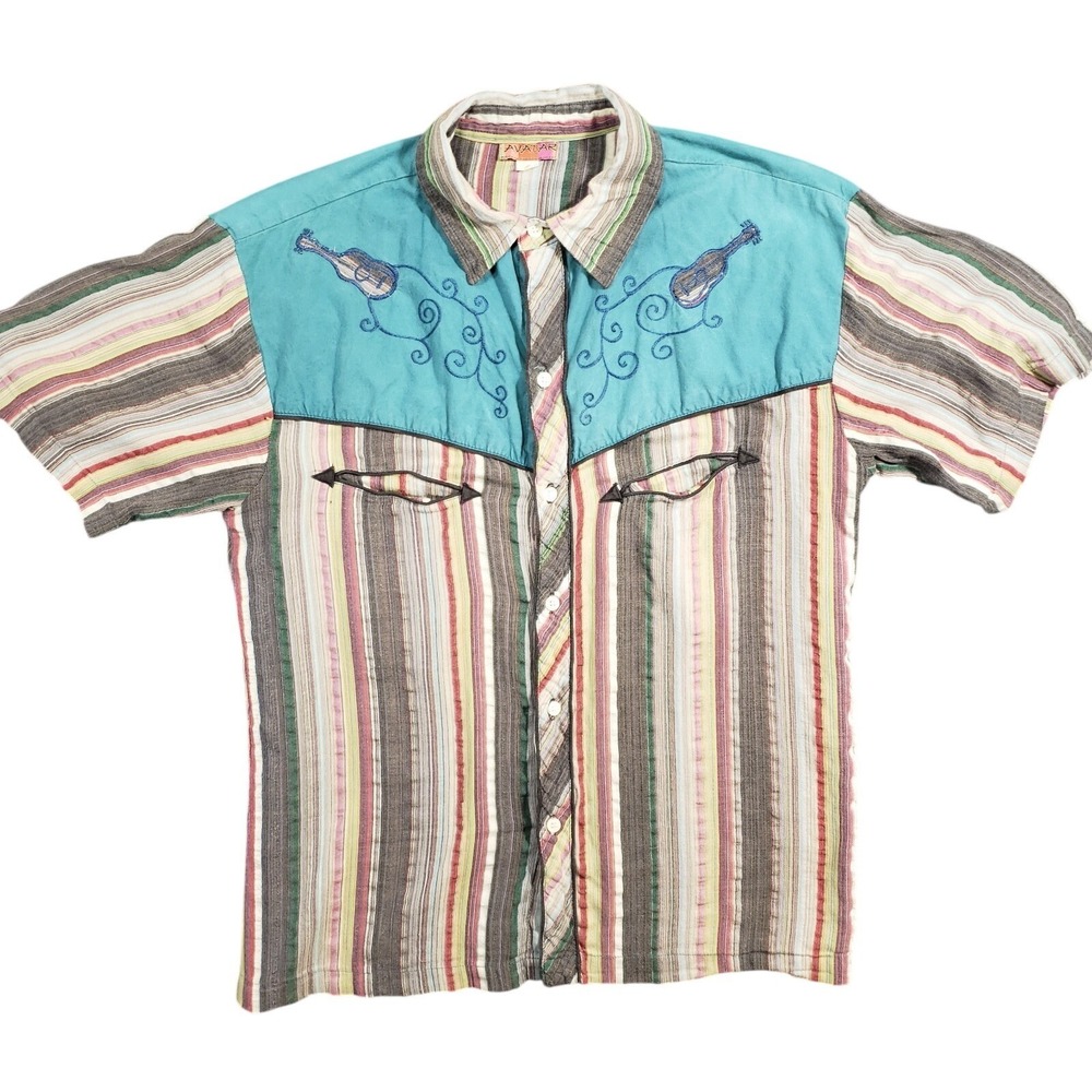Vintage Avatar Button Up Shirt Mens Small Striped Western Hippie Guitar‎ Rainbow